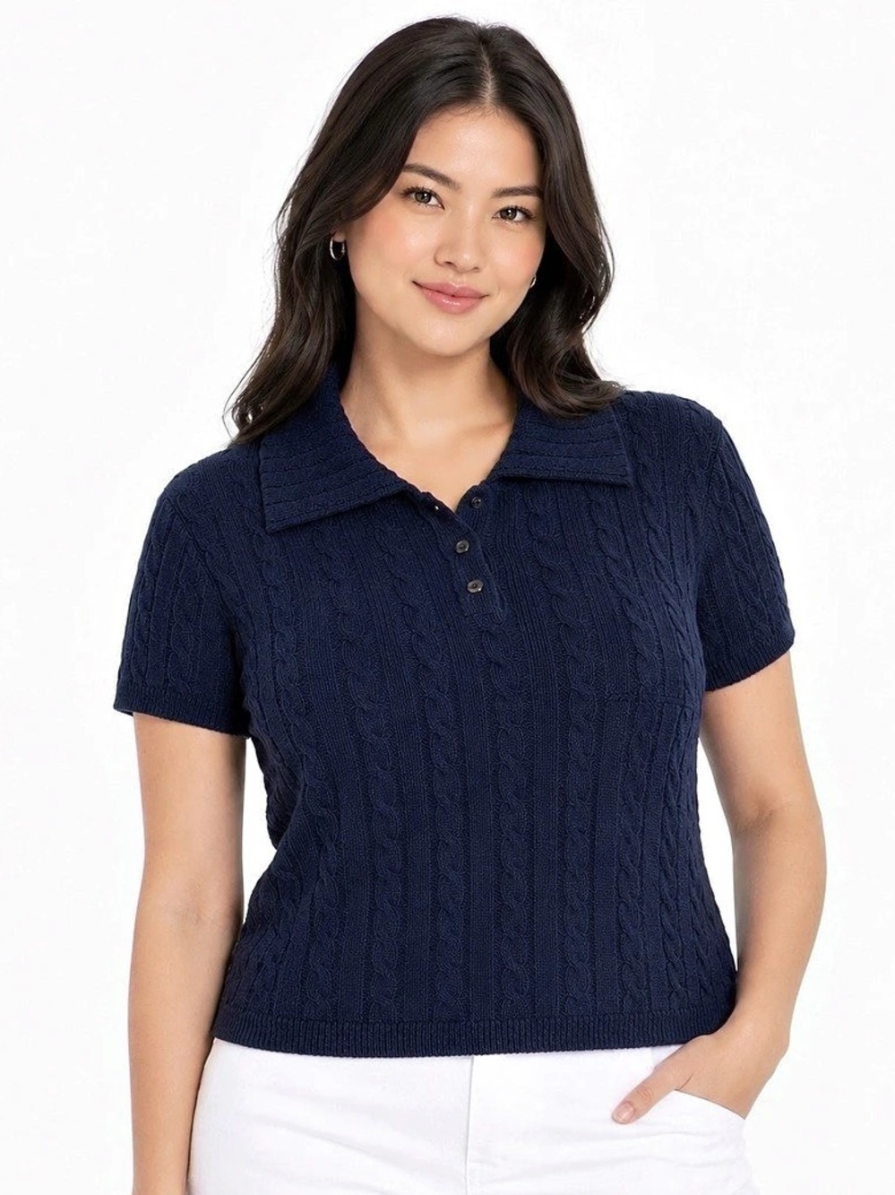 Wild Fable Women's Short Sleeve Cable Knit Polo Sweater Navy Blue Size S